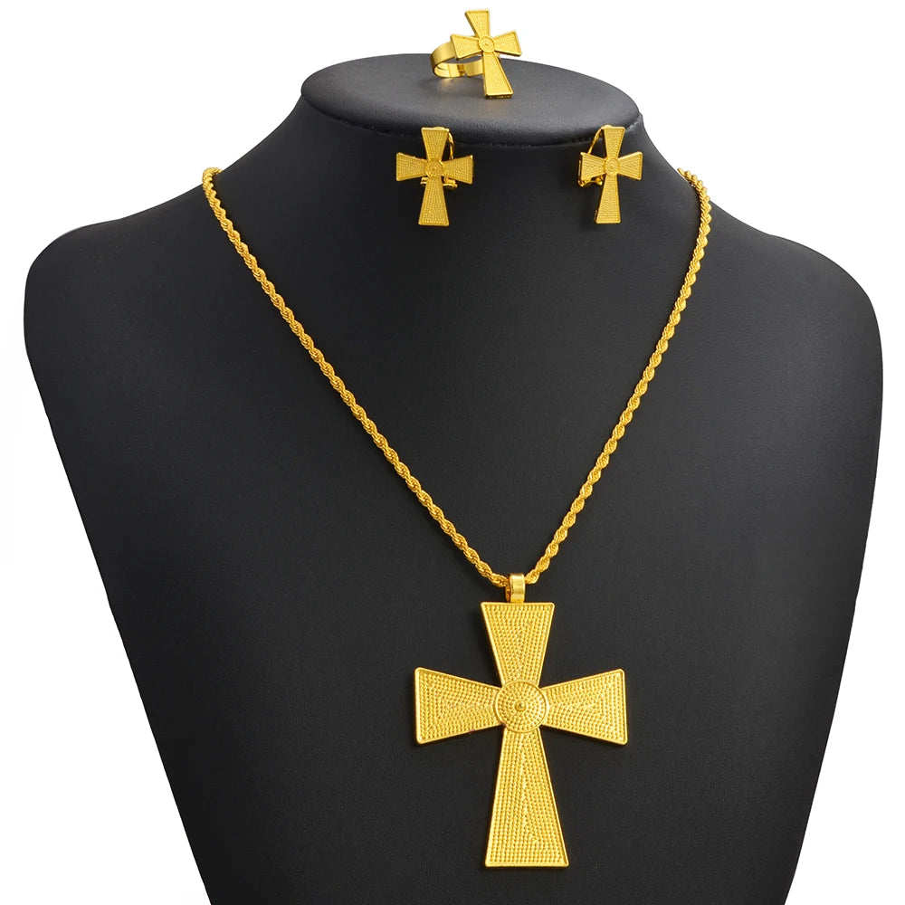 African Ethiopian Cross Jewelry Sets for Women Gold Color Necklaces Earrings Rings