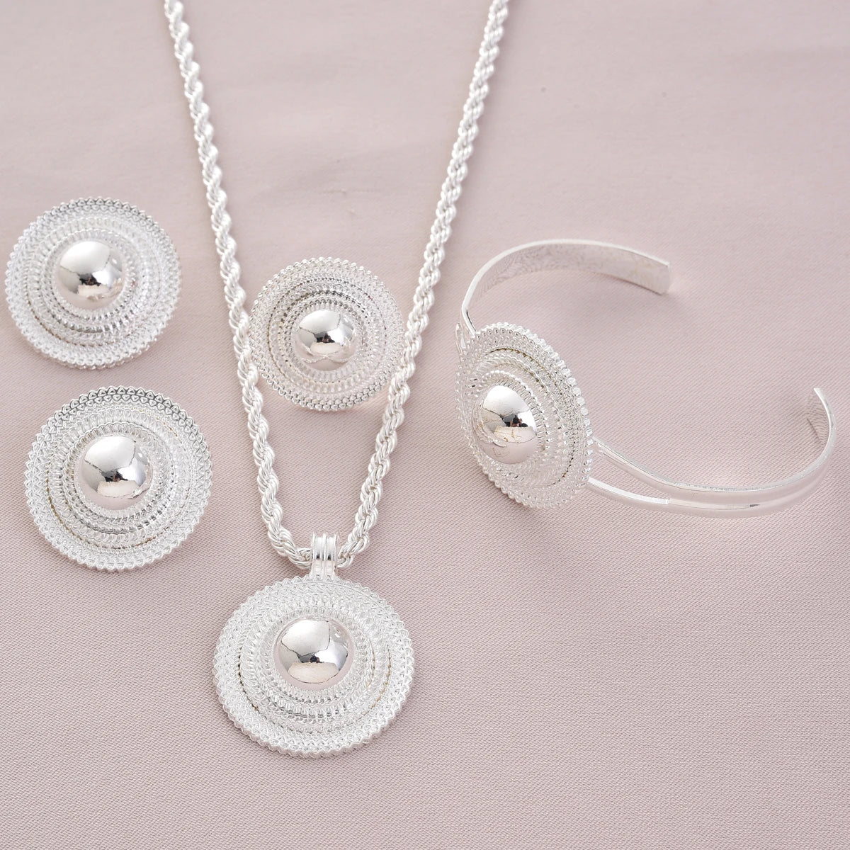 Africa Silver Color Round Geometry Jewelry Set Dubai Pendant Necklace Ring Earrings Arab Ethiopian Bride Wedding Party Gifts