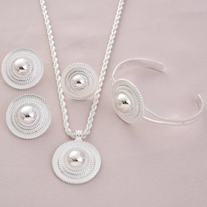 Africa Silver Color Round Geometry Jewelry Set Dubai Pendant Necklace Ring Earrings Arab Ethiopian Bride Wedding Party Gifts