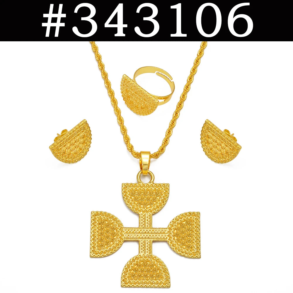 Ethiopian Jewelry Sets for Women Pendant Necklaces Earrings Ring Gold Color Eritrean Ornaments