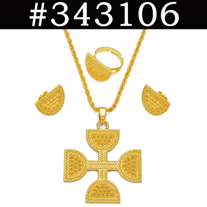Ethiopian Jewelry Sets for Women Pendant Necklaces Earrings Ring Gold Color Eritrean Ornaments