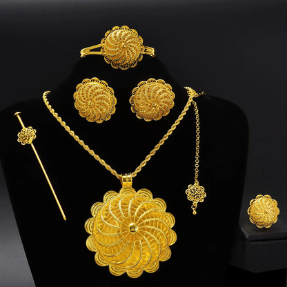 Ethiopian Gold Color Jewelry Sets Big Pendant Necklace Earrings Bracelet Rings  Gift Bride Wedding Party