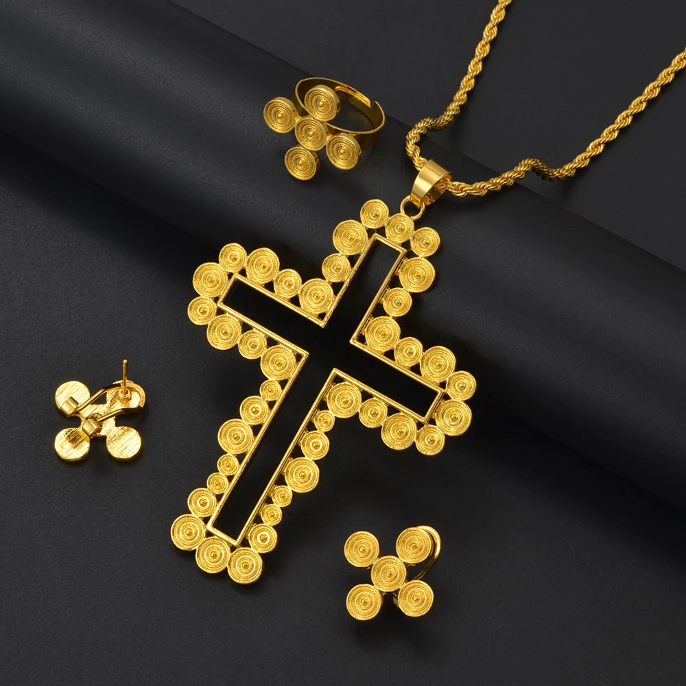 African Ethiopian Eritrean Cross Jewelry Sets Women Gold/Silver Color Pendant Necklaces Earrings Rings Saudi Arabia
