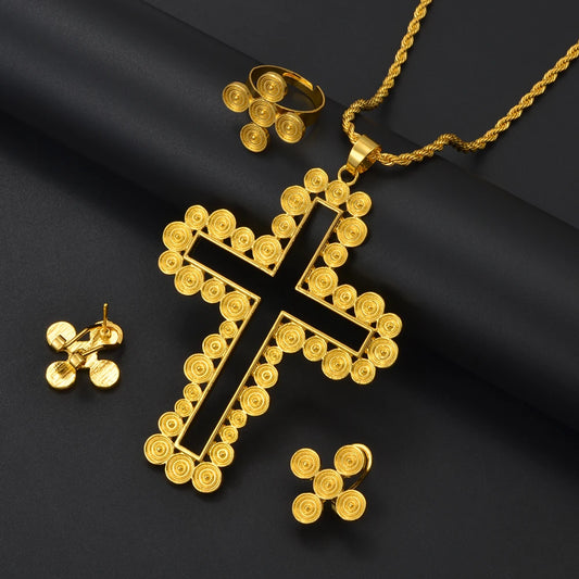 African Ethiopian Eritrean Cross Jewelry Sets Women Gold/Silver Color Pendant Necklaces Earrings Rings Saudi Arabia