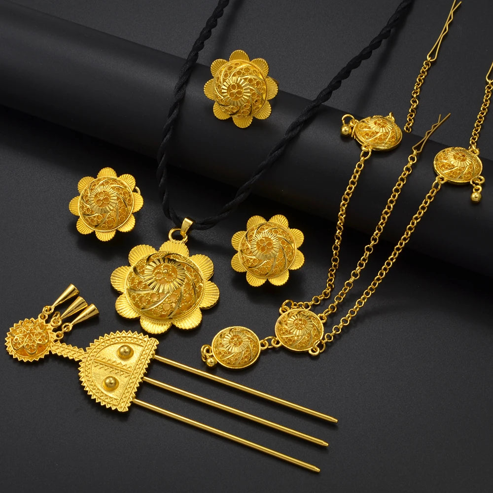 Ethiopian Ethnic Wedding Jewelry Sets Eritrean Habesha African Necklaces Earrings Ring Hairpin Forehead-chain