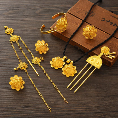 Ethiopian Gold Plated Jewelry sets Necklaces Earrings Ring Bracelet Hairpins Head Chains African Eritrean Weeding Holiday Gift