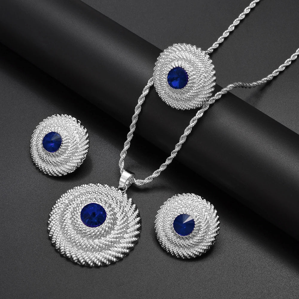 Ethiopian Jewelry Sets RED/BLUE/GREEN Pendant Necklaces Earrings Rings Habesha Eritrean African Marriage Dowry