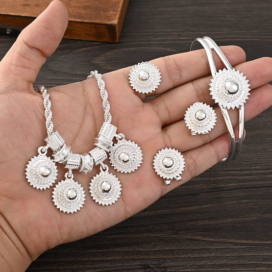 Silver Plated Plain Ethiopian Eritrea Ethnic Classic Big Size Earring/2PCS Pendant/Ring /Bracelet Jewelry Bride Wedding Set Gifts
