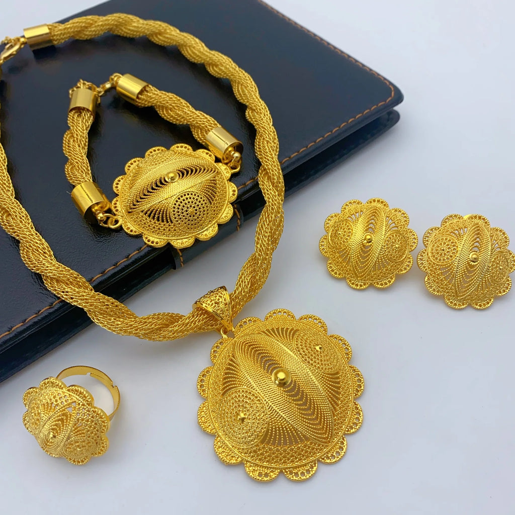 Luxury Ethiopian 24k Gold Color Twisted Necklace And Earrings Jewelry Sets For Women Dubai Indian Bridal Set Wedding