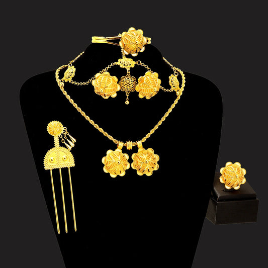 Ethiopian Gold Plated Jewelry sets Necklaces Earrings Ring Bracelet Hairpins Head Chains African Eritrean Weeding Holiday Gift