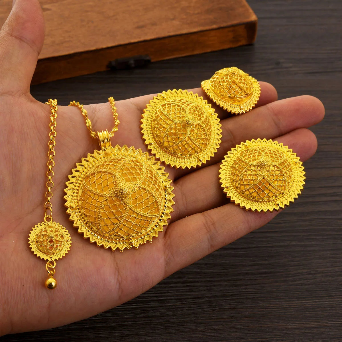 Golden Color Jewelry Set Women Pendan Ring Earring Bangle Head Chain Hairpin Ethiopian Bride Wedding Gifts