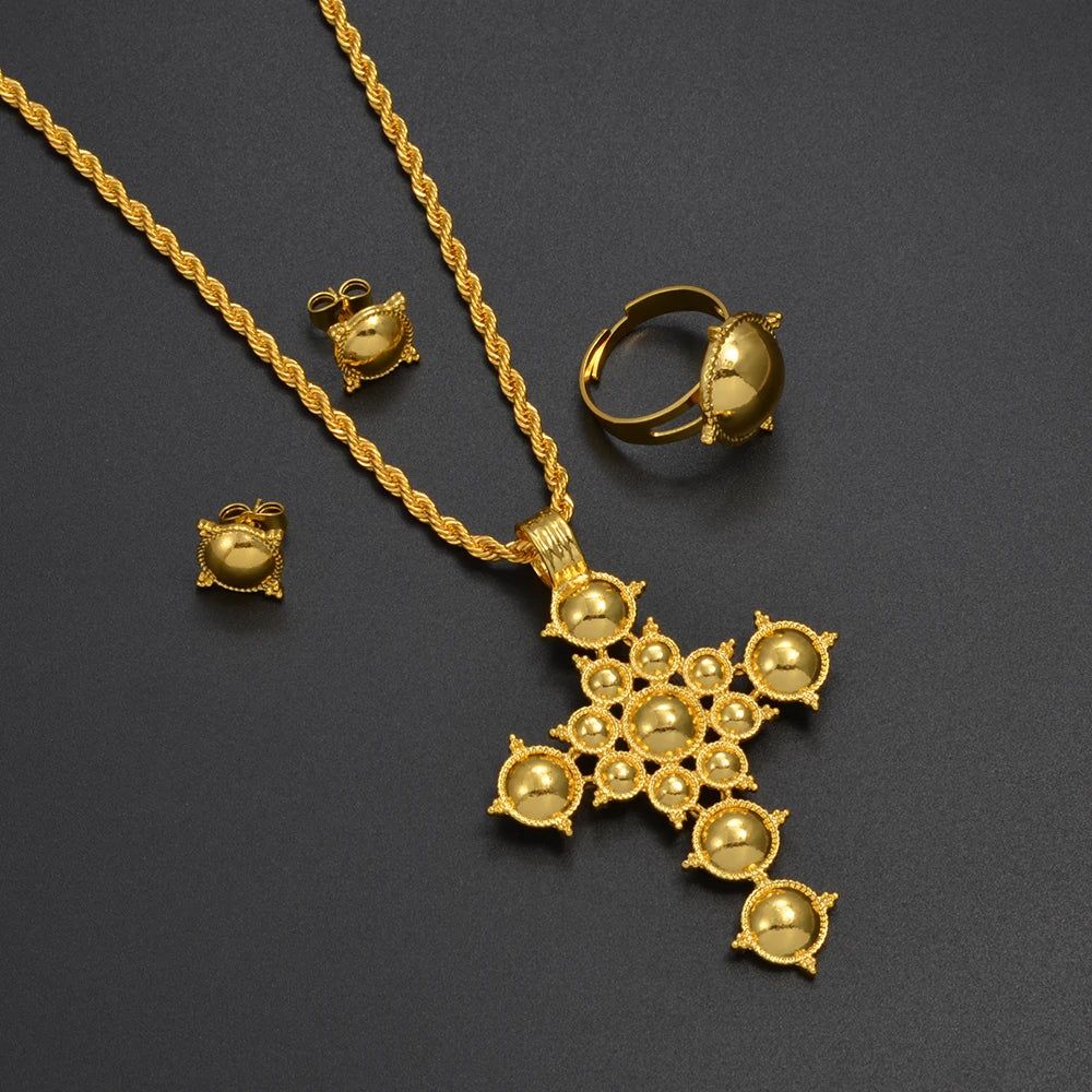 Ethiopian Cross Necklace Earrings Rings African Party Jewelry Set Women  Eritrean Habesha Accessories