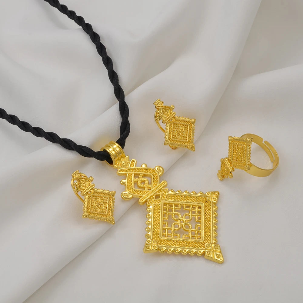 Ethiopian Traditiona Cross Pendant Black Rope Earrings Ring Jewelry Sets African Eritrean Religion Wedding Gifts