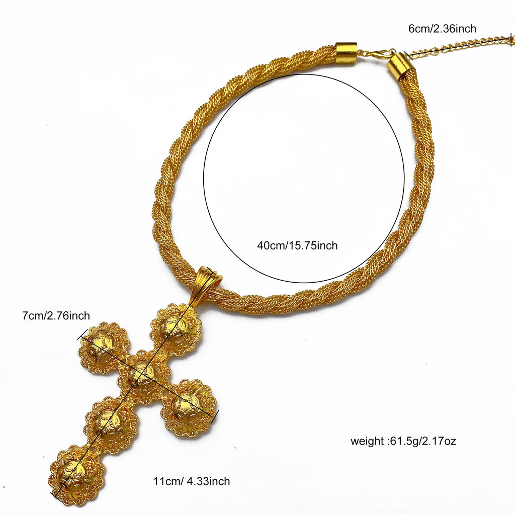 Ethiopian Cross Pendant Twisted Chain for Women Man African Wedding Party Gold Plated Dubai Eritrea Jewelry Cross Gift