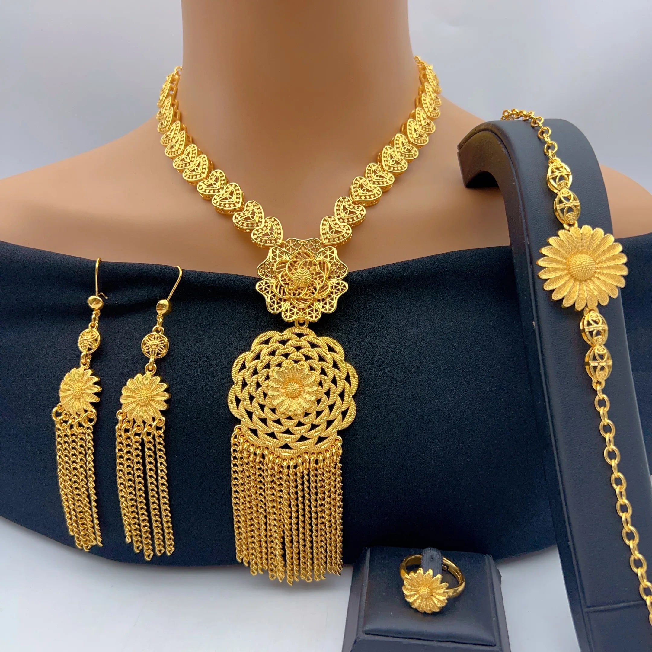 Indian 24K Gold Color Long Tassel Necklace Set Nigerian Party Bridal Wedding Ethiopian Luxury Dubai Jewelry Wholesale Gifts