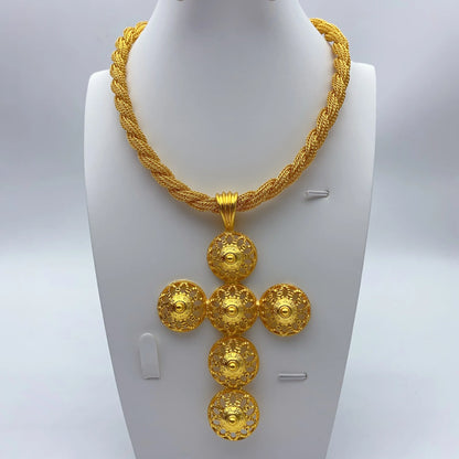Ethiopian Cross Pendant Twisted Chain for Women Man African Wedding Party Gold Plated Dubai Eritrea Jewelry Cross Gift