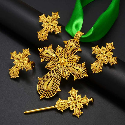 Ethiopian Cross Jewelry sets Silver/Gold Color Necklaces Earrings Ring Hairpin Eritrean African Ethnic Wedding
