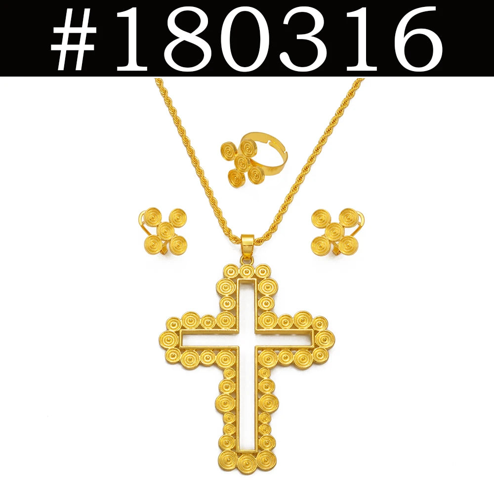 African Ethiopian Eritrean Cross Jewelry Sets Women Gold/Silver Color Pendant Necklaces Earrings Rings Saudi Arabia