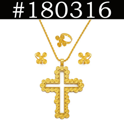 African Ethiopian Eritrean Cross Jewelry Sets Women Gold/Silver Color Pendant Necklaces Earrings Rings Saudi Arabia