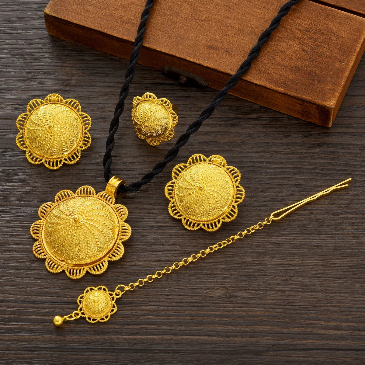 Ethiopian Classic Gold Color Women Jewelry Set Pendan Ring Earrings Bangle Head Chain Hairpin Africa Bridal Wedding Gift