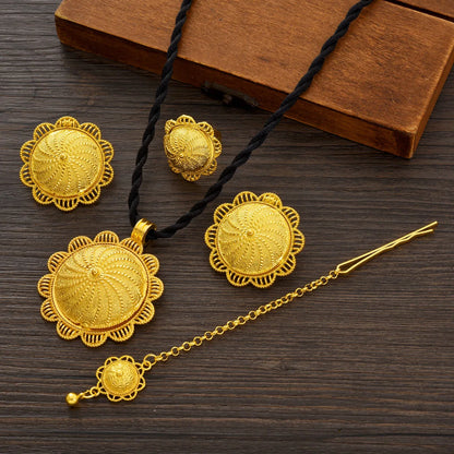 Ethiopian Classic Gold Color Women Jewelry Set Pendan Ring Earrings Bangle Head Chain Hairpin Africa Bridal Wedding Gift