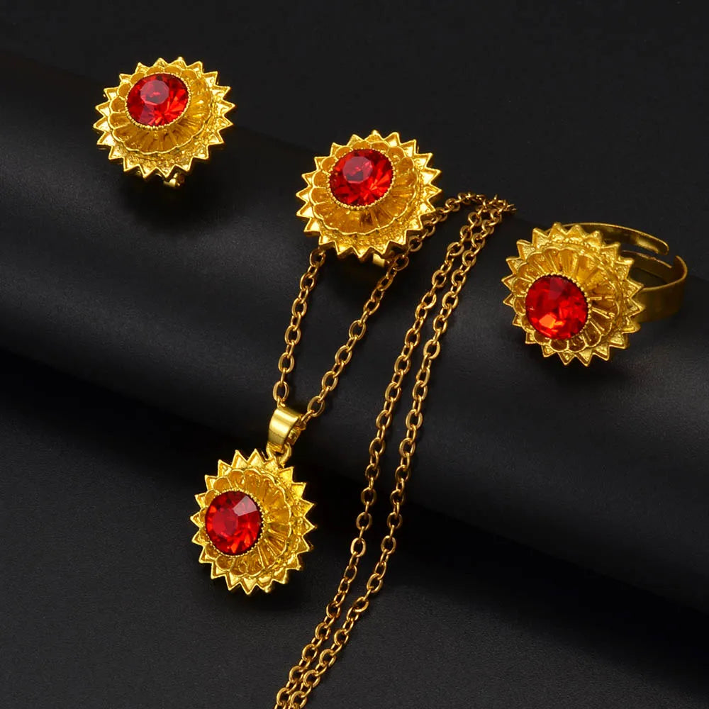 Small Ethiopian Jewelry Sets Red Blue Green Pendant Necklaces Earrings Ring Eritrean Habesha birthday Party