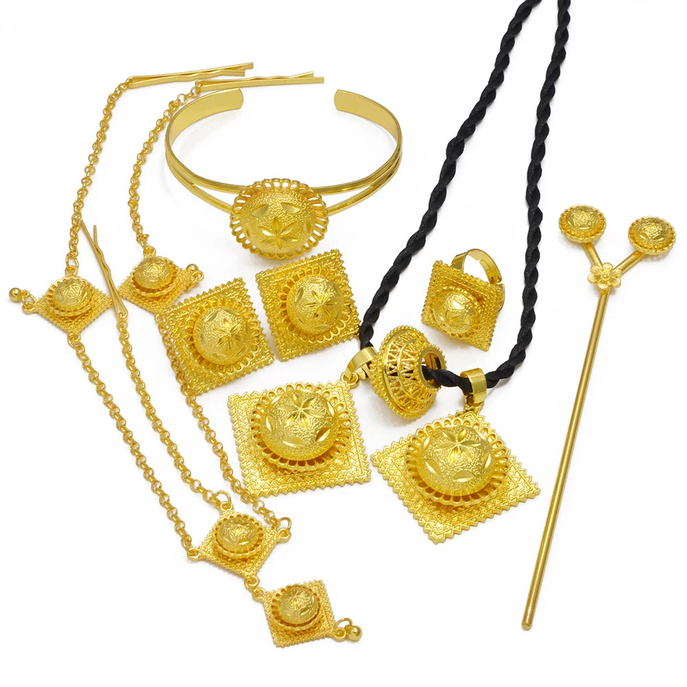 NEW African Wedding Sets Ethiopian Necklaces Earrings Bracelet Ring Hairpin for Women Bridal Engaged Jewelry