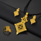 Ethiopian Traditiona Cross Pendant Black Rope Earrings Ring Jewelry Sets African Eritrean Religion Wedding Gifts