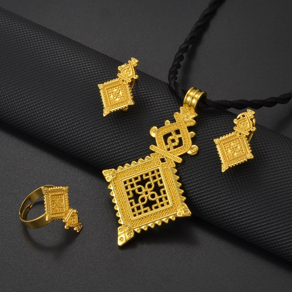 Ethiopian Traditiona Cross Pendant Black Rope Earrings Ring Jewelry Sets African Eritrean Religion Wedding Gifts