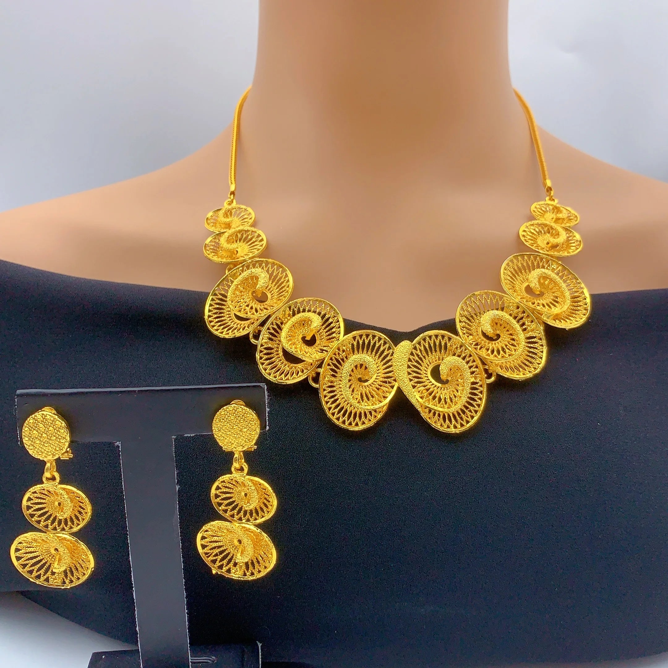 Luxury Indian Bridal 24k Gold Plated Necklace And Earrings Jewelry Sets For Women Ethiopian Dubai Set Wedding Party Gifts