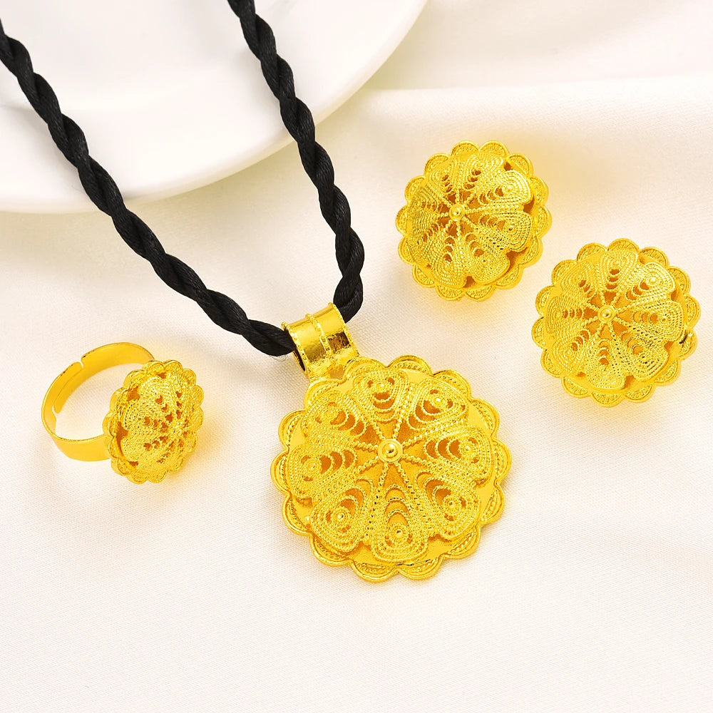 Gold Plated Fashion Ethiopian Big Size Earrings/Pendant/Ring Jewelry Sets Gold Plate Africa Bride Wedding Eritrea Set Gift