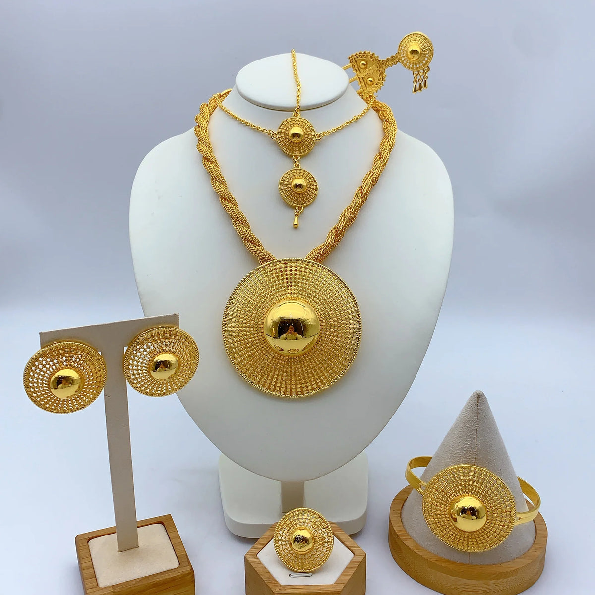 Ethiopian 24k Plated Gold 6PCS Jewelry Set For Woman's African Indian Big Pendant Necklace Wedding Engagement Gifts