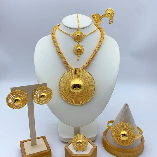 Ethiopian 24k Plated Gold 6PCS Jewelry Set For Woman's African Indian Big Pendant Necklace Wedding Engagement Gifts
