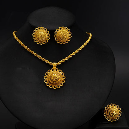 Ethiopia Gold Color Jewelry Set Necklace Pendant Earrings Ring Middle East Africa Bridal Wedding Party Accessory Festival Gifts