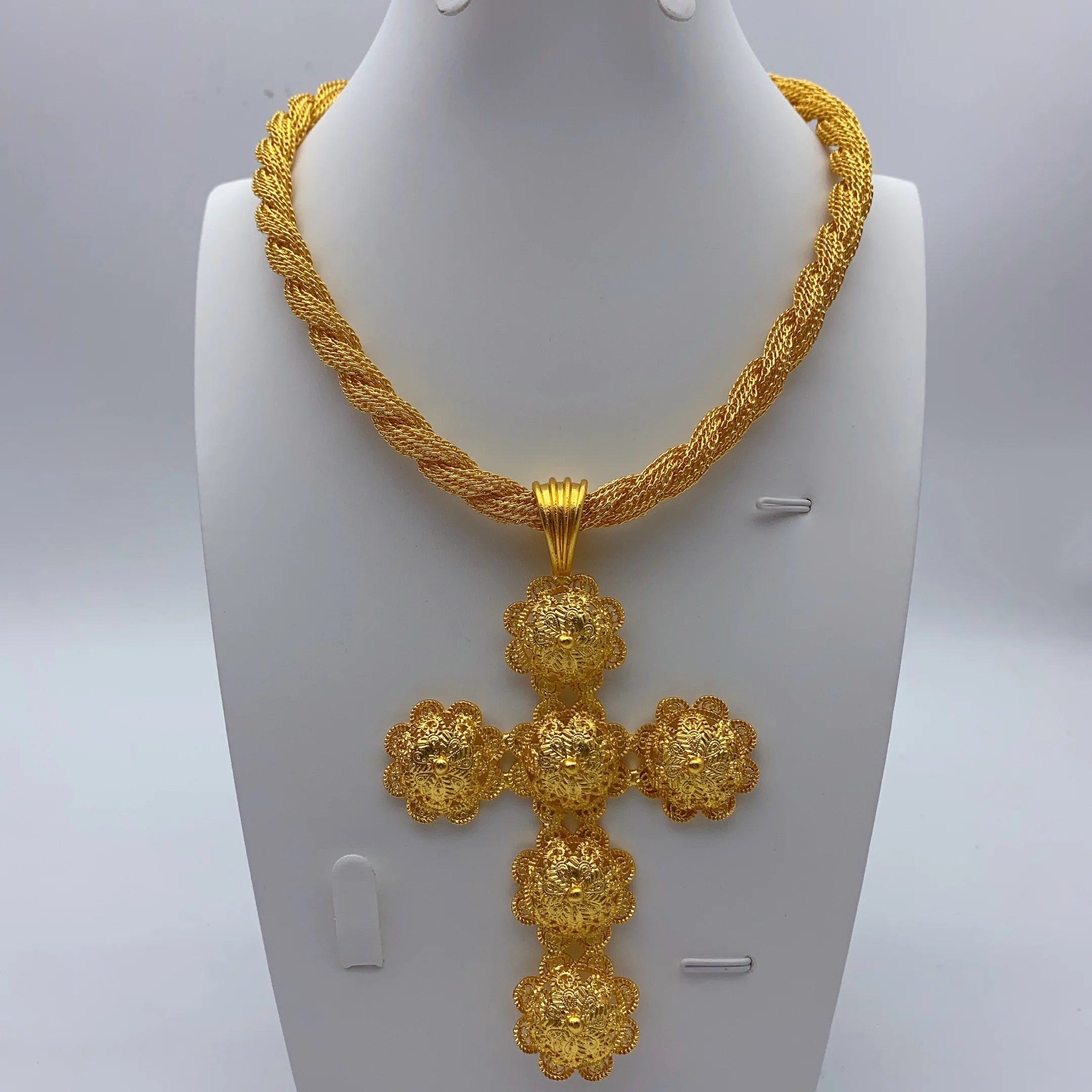 Ethiopian Cross Pendant Twisted Chain for Women Man African Wedding Party Gold Plated Dubai Eritrea Jewelry Cross Gift