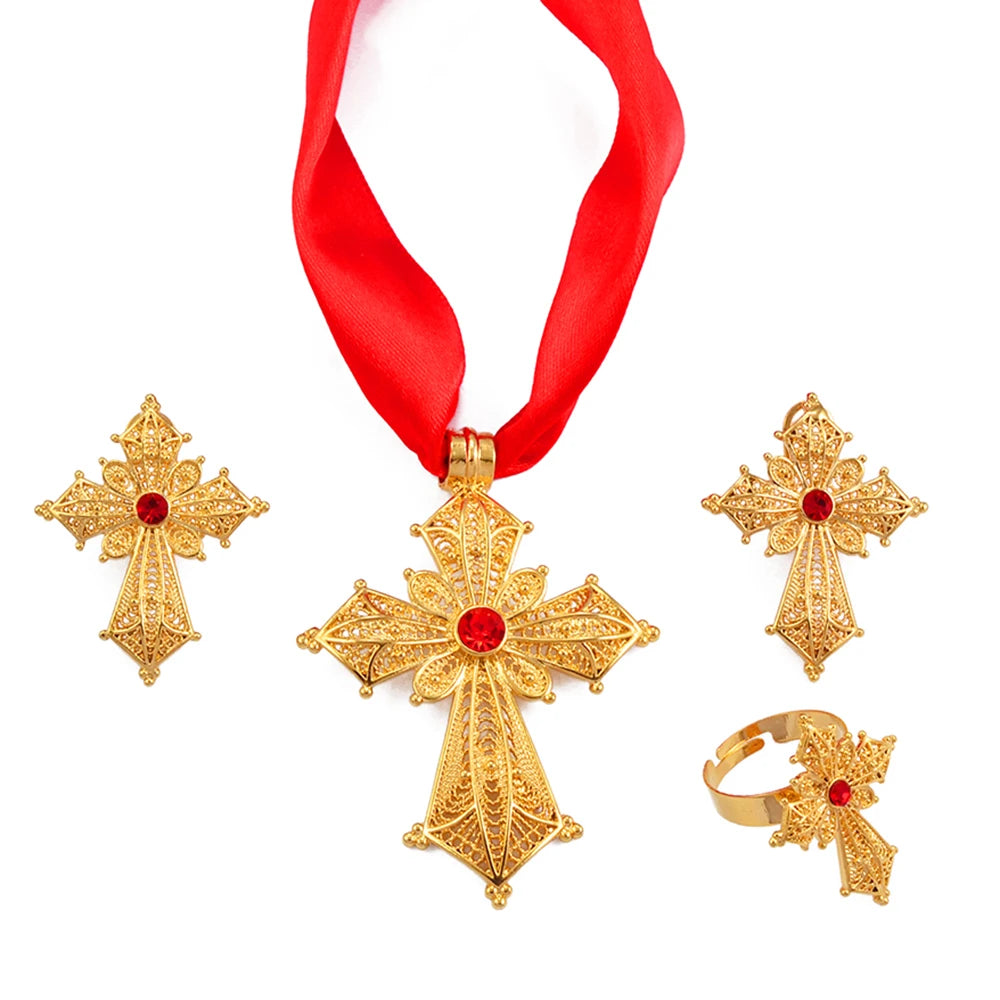 Silver/Gold Color Ethiopian Cross Jewelry sets Necklaces Earrings Rings African Eritrean Habesha Accessories