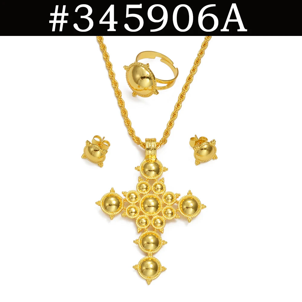 Ethiopian Cross Necklace Earrings Rings African Party Jewelry Set Women  Eritrean Habesha Accessories