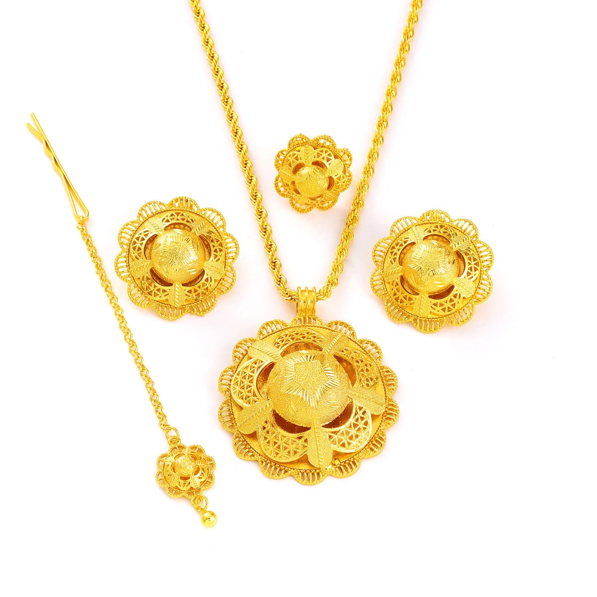 4-piece African Arab Luxury Jewelry Set Golden Color Star Pattern Pendant Ring Earring Head Chain Ethiopian Bride Wedding Gift