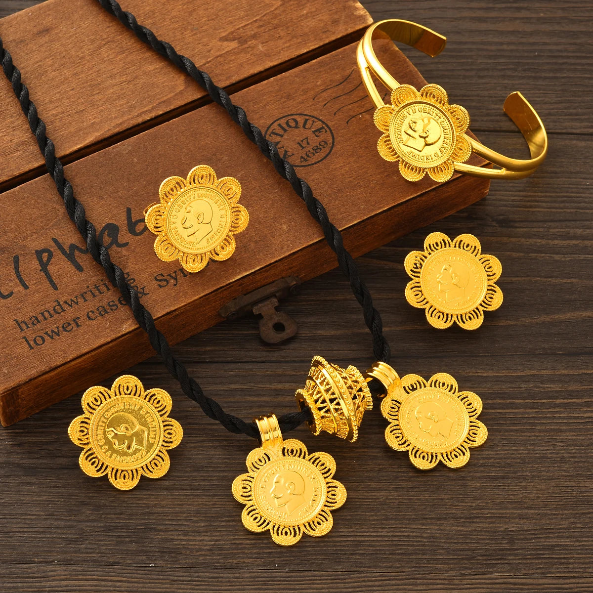 Gold Plated Double Pendant Jewelry Set Necklace/Earring/Ring/Bracelet Sets Ethiopia Africa Wedding Bride Woman Gift