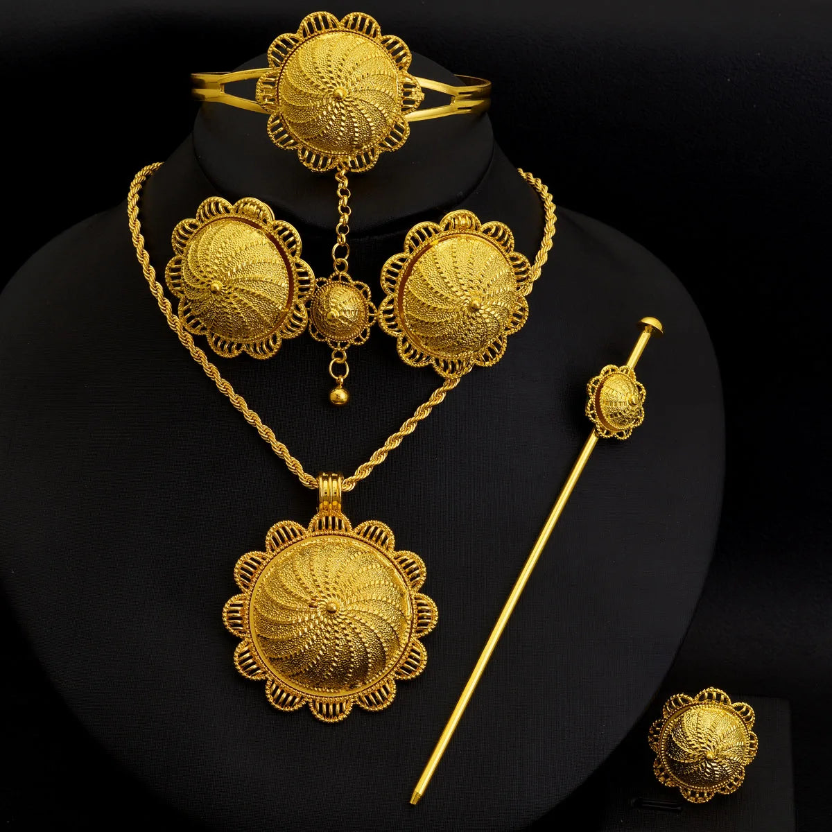 Ethiopian Classic Gold Color Women Jewelry Set Pendan Ring Earrings Bangle Head Chain Hairpin Africa Bridal Wedding Gift