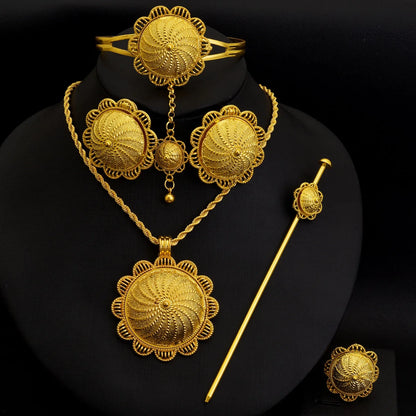 Ethiopian Classic Gold Color Women Jewelry Set Pendan Ring Earrings Bangle Head Chain Hairpin Africa Bridal Wedding Gift