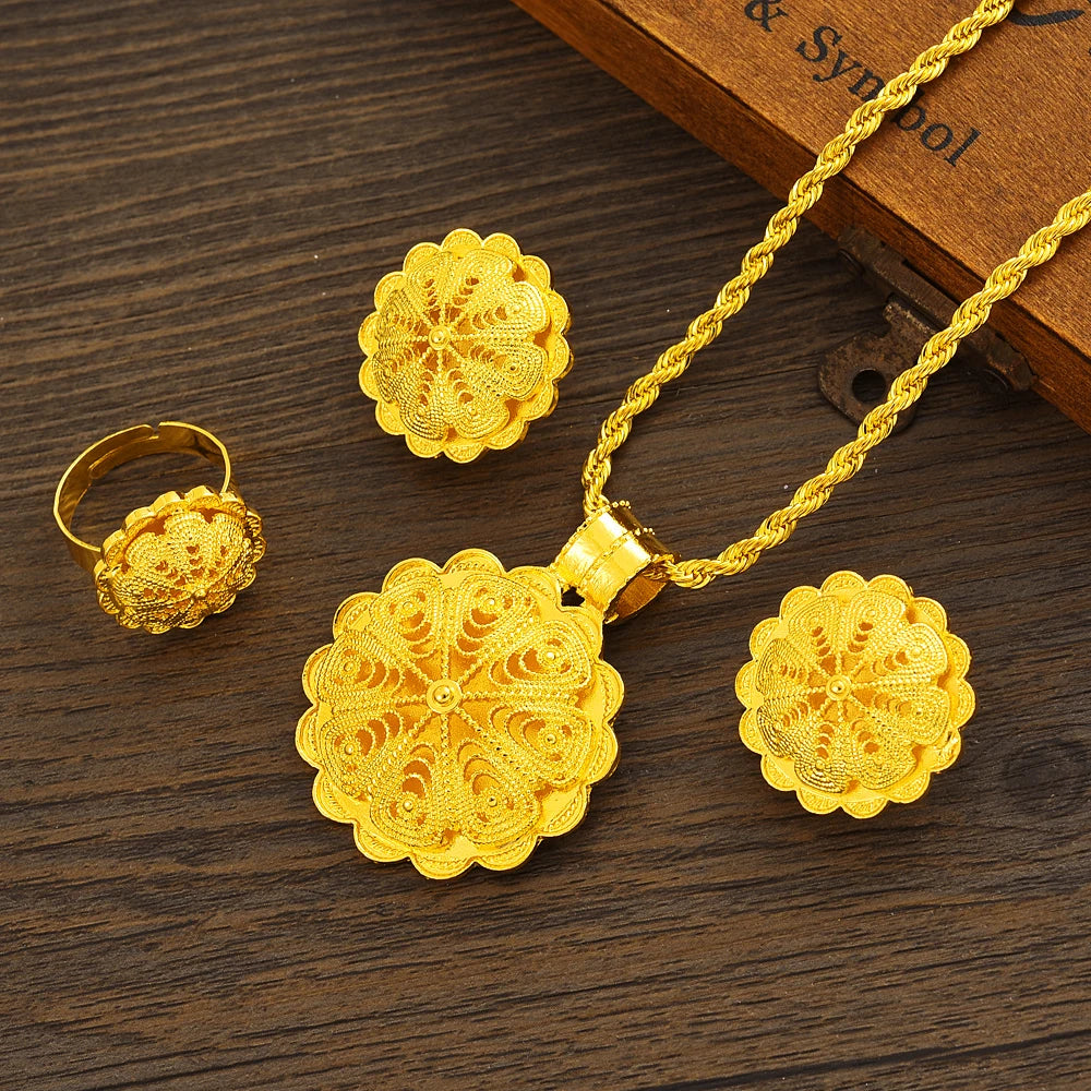 Gold Plated Fashion Ethiopian Big Size Earrings/Pendant/Ring Jewelry Sets Gold Plate Africa Bride Wedding Eritrea Set Gift