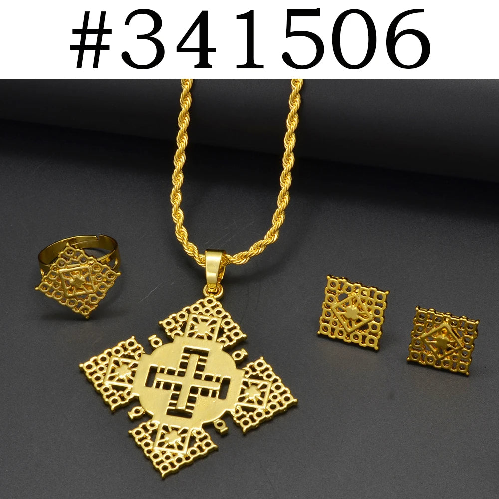 Ethiopian Jewelry Sets for Women Pendant Necklaces Earrings Ring Gold Color Eritrean Ornaments