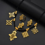 Ethiopian Cross Pendant Black Rope Earrings Ring Sets African Eritrean Religion Wedding Party