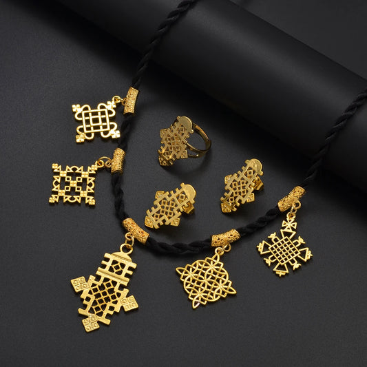 Ethiopian Cross Pendant Black Rope Earrings Ring Sets African Eritrean Religion Wedding Party