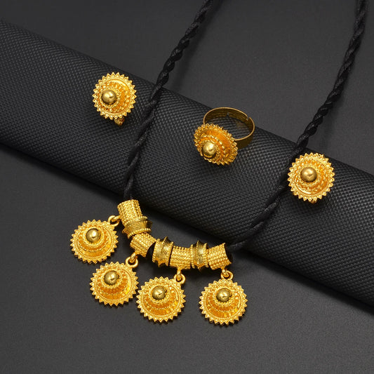 Ethiopian Jewelry Sets Black Rope Earrings Rings African Ethnic Eritrean Habesha Engaged Accessories