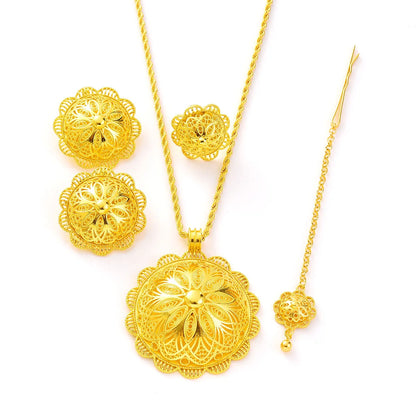 Women Exquisite Luxury Jewelry Set Big Pendant Necklace Ring Earrings Head Chain African Bride Wedding Tradional Gift