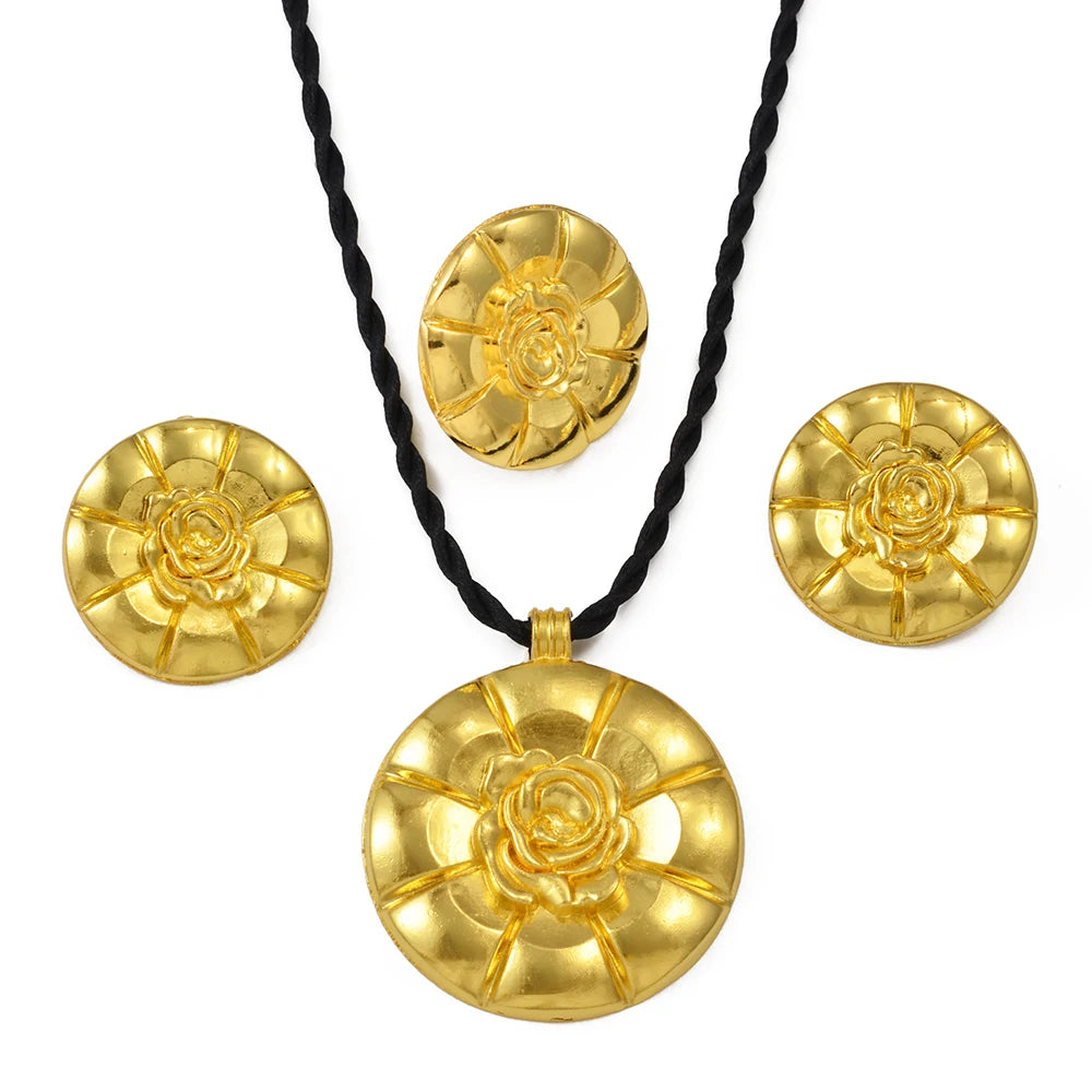 African Exaggerated Flower Jewelry Sets Necklaces Earrings Rings Women   Ethiopian Eritrea Wedding Party