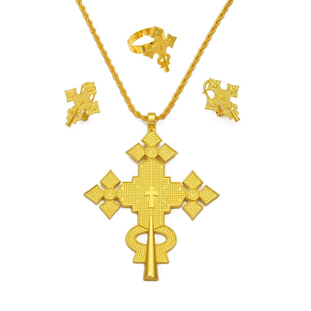 NEW Ethiopian Eritrea Cross Jewelry Sets Necklaces Earrings Rings for Women  Africa Ethnic Wedding Party Gifts