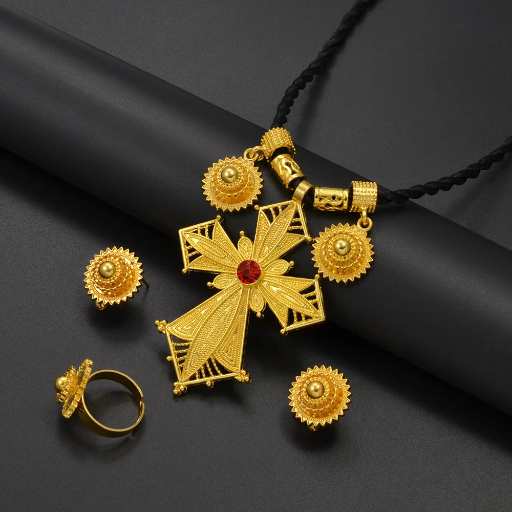African Cross Necklaces Earrings Ring Jewelry Sets Ethiopian Eritrean Engagement Ornament